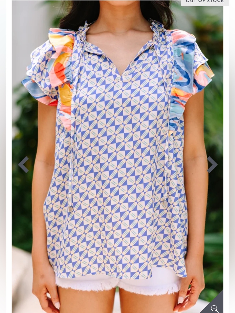 Entro Blue Geo Ruffle-Sleeve V-Neck Blouse with Multicolor Ruffles Size L